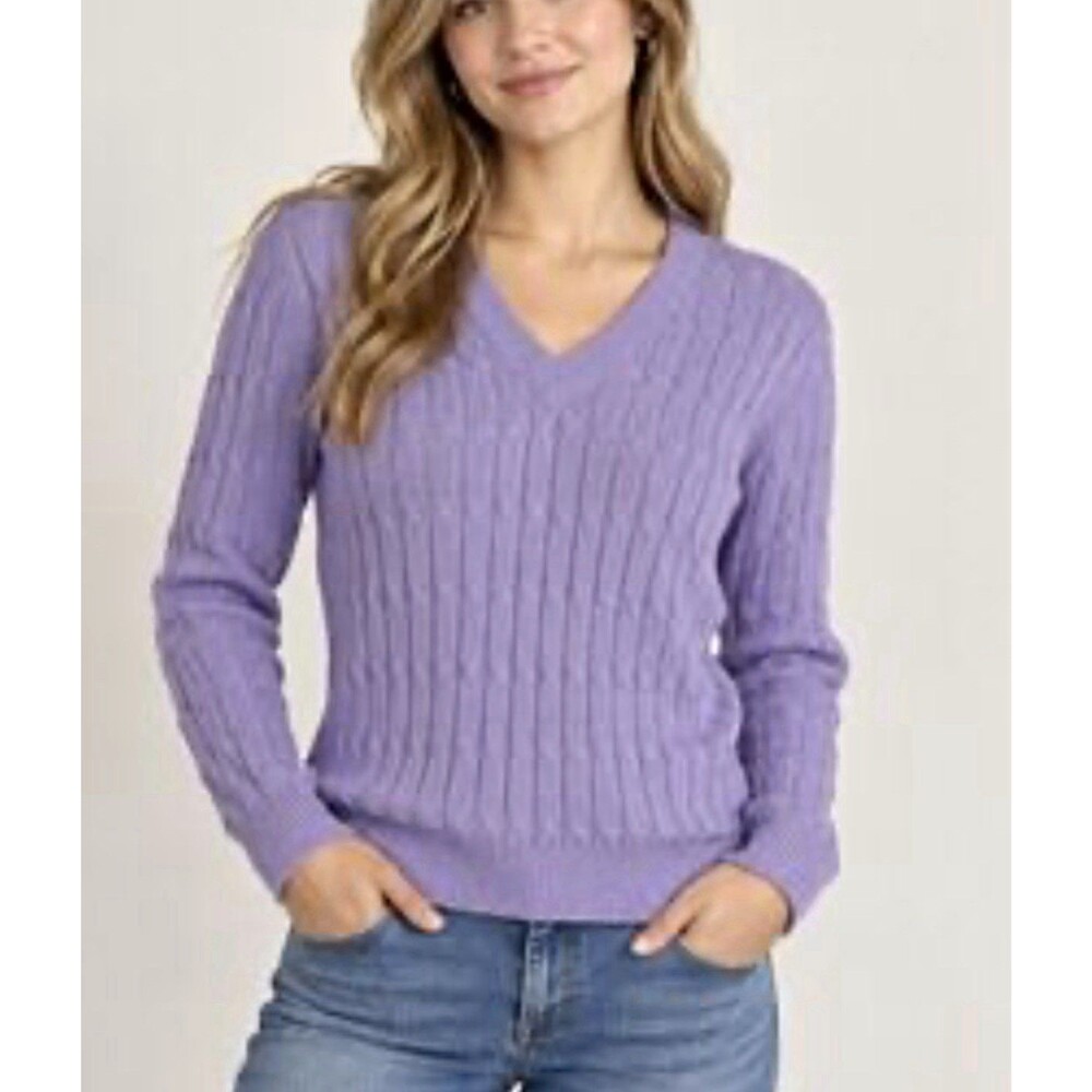 Karen Scott Purple Cable-Knit V-Neck Ribbed Cotton Pullover Sweater Women’s M